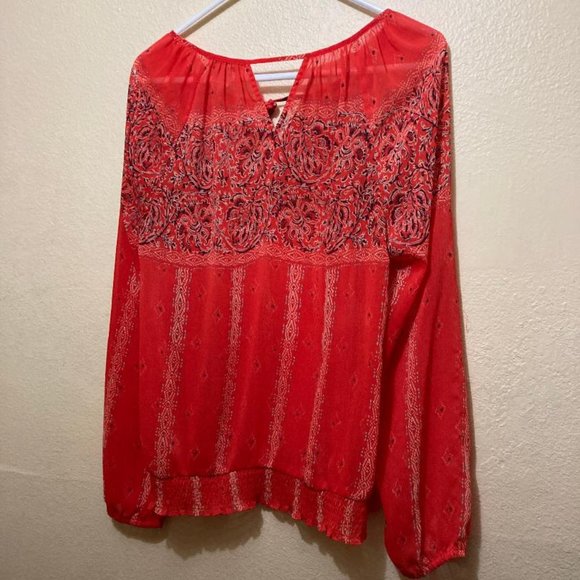 Lucky Brand Women's Sheer Red Boho Patterned Long Sleeve Tunic Top Size Large - Picture 2 of 4